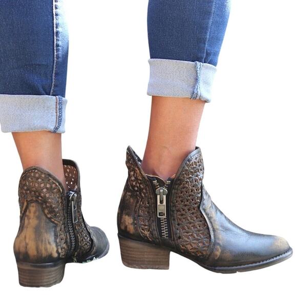 CIRCLE G BOOTS SHORT WESTERN CUTOUT SHORTIE DISTRESSED DOUBLE ZIPPERS SZ 8 Q5019 - Picture 2 of 16